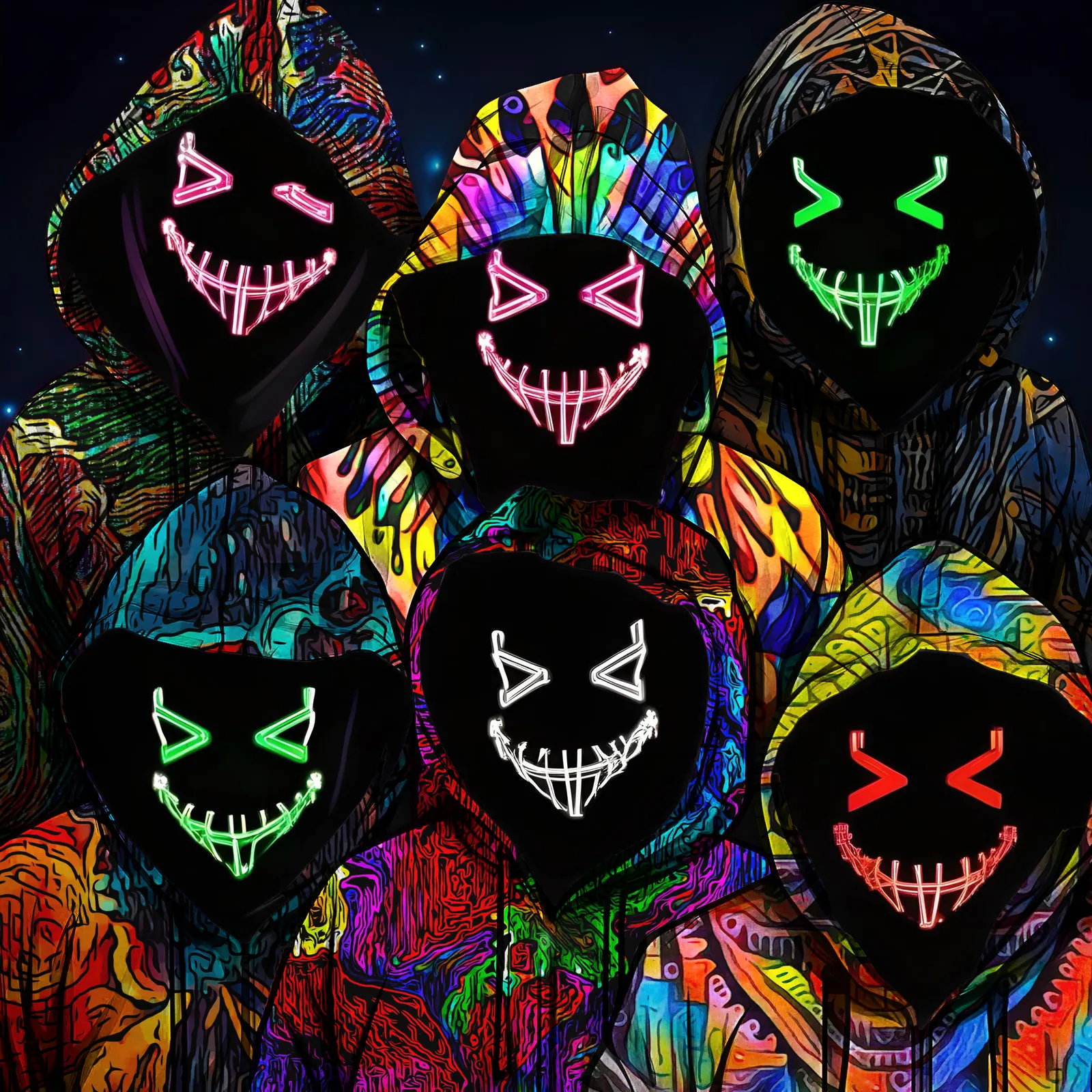 Six hooded figures in psychedelic-print hoodies wearing glowing neon masks