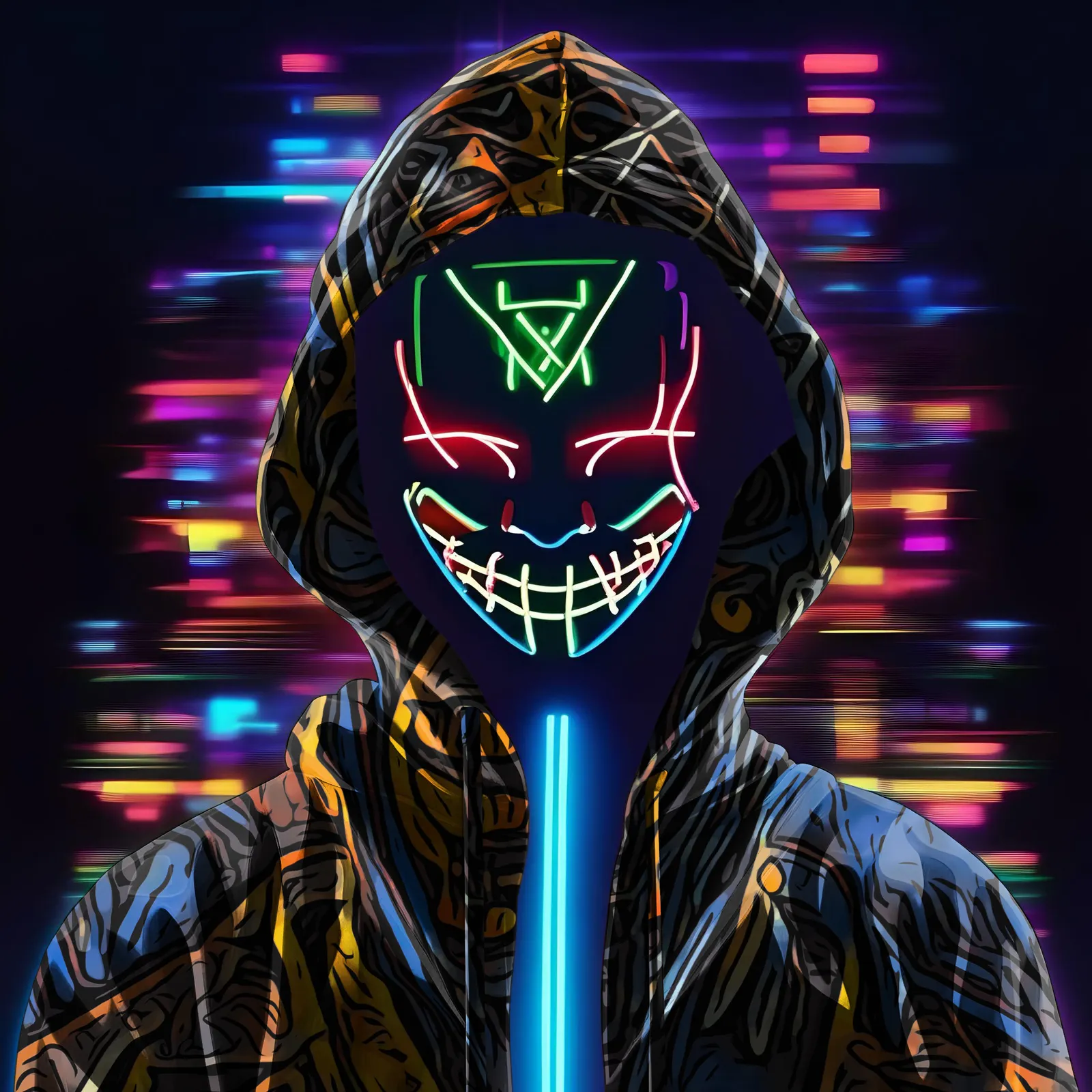Hooded figure with a multicolor neon grin mask over glitching light