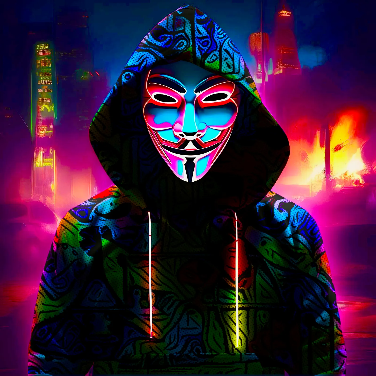 Psychedelic hoodie with a pink glowing mask against a fiery city skyline