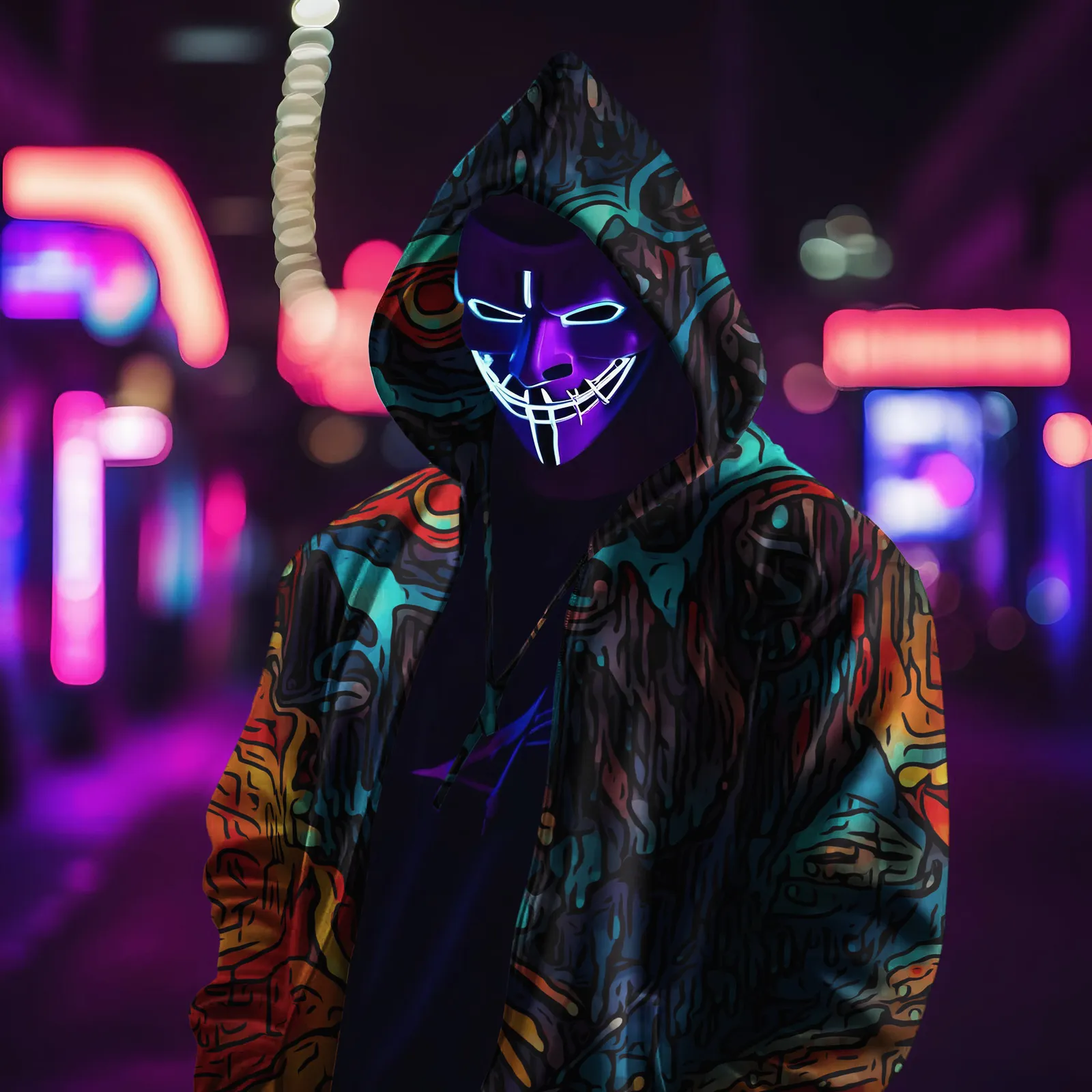 Psychedelic hoodie and violet glowing mask on a neon-lit street