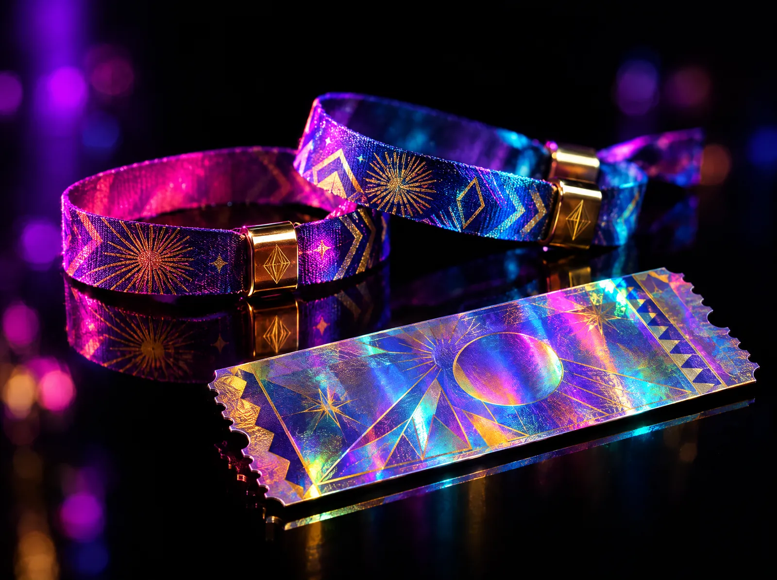 Glowing festival wristbands and a holographic ticket on a reflective black surface